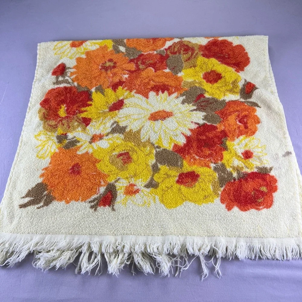 Vintage Cannon Floral bath Towel Orange Yellow  70s Boho Fringe Cotton Blend